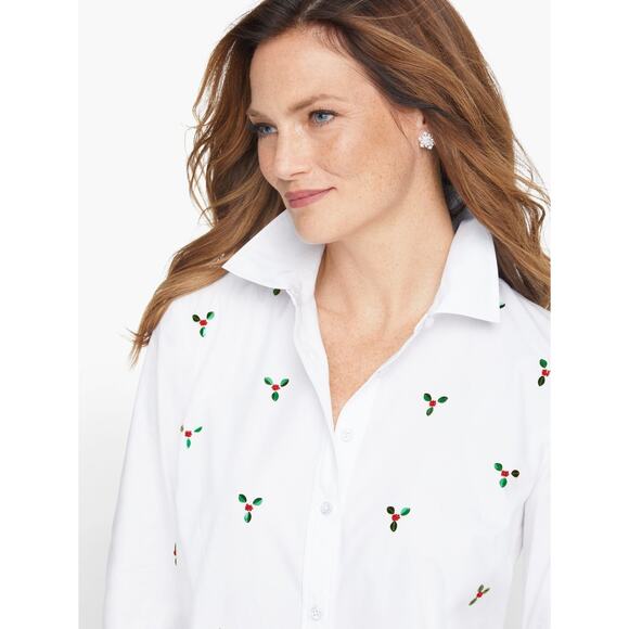 Talbots Embellished Holly Berry Button Front Shirt Womens Large White Beaded Top - Picture 1 of 12